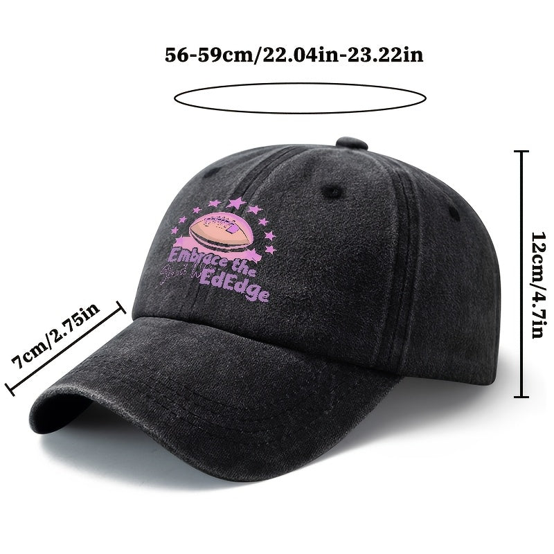 A Unisex Fashionable and Versatile Printed "Embrace the EdEdge" Baseball Cap, Featuring a Classic Vintage Washed Lightweight Curved Brim. This Trucker Baseball Cap Is Suitable for Casual Occasions Such as Outdoor Vacations, Travel, and Camping