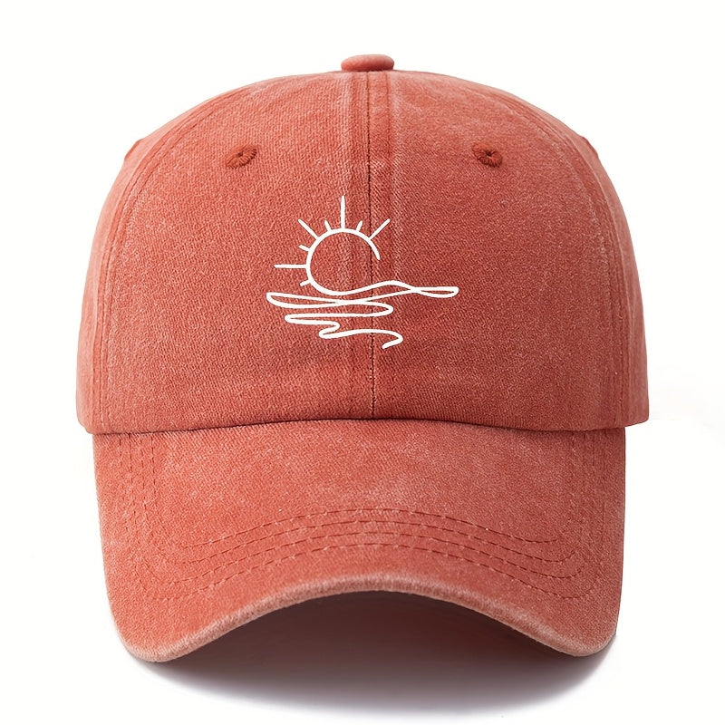 One Size Fits Most Washed Printing Sun Pattern Baseball Cap, Fashionable Curved Brim Hat, Suitable for Outdoor Vacation Travel Camping Leisure Occasions, Truck Driver Baseball Cap