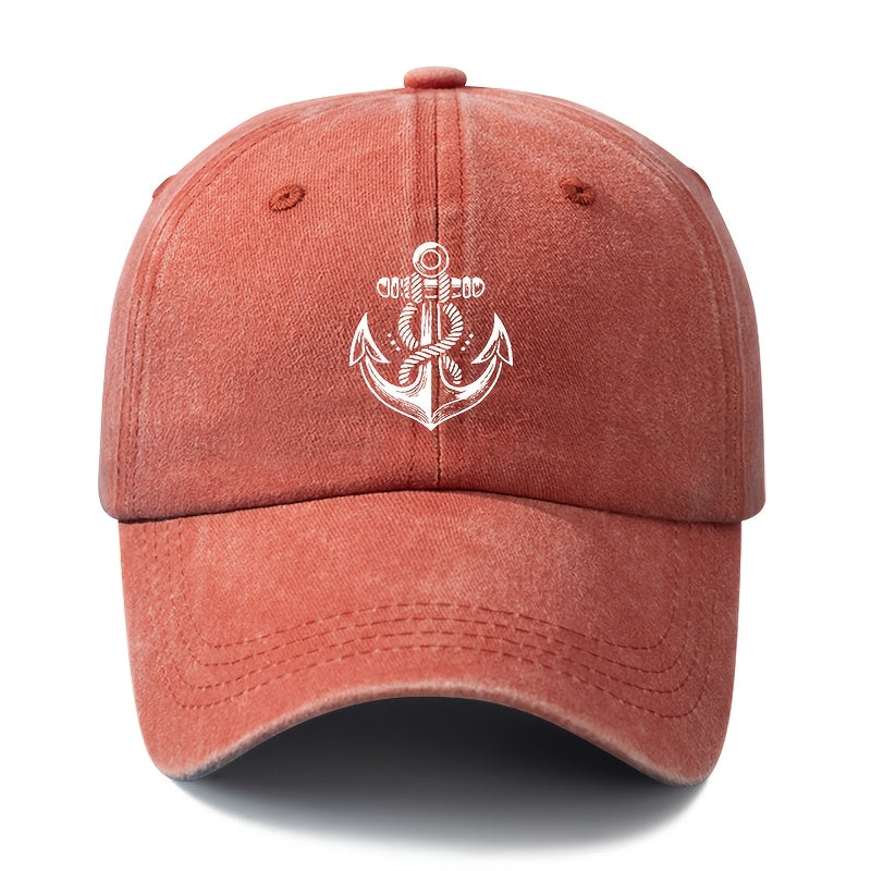 Unisex, Fashionable And Versatile Printed White Anchor Baseball Cap, Classic Retro Washed Outdoor Lightweight Curved Brim Cap, Trucker Baseball Cap, Suitable for Outdoor Vacations, Travel, Camping, And Other Casual Occasions, Hip-Hop Style Cap
