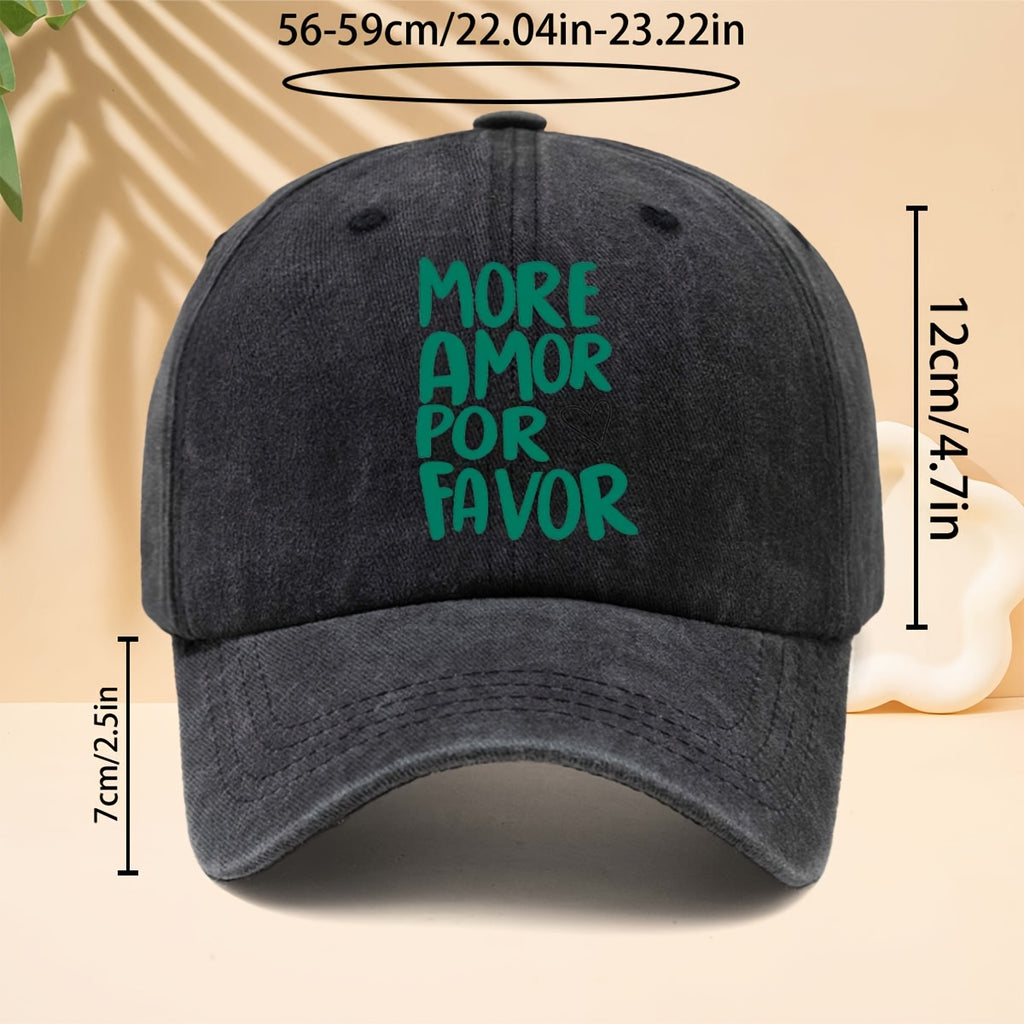 A Washed Baseball Cap with The Slogan MORE AMOR POR FAVOR, a Trucker Hat for Men And Women, a Casual Hat Suitable for All Seasons, a Six-Panel Hat with a Soft Top Design, Lightweight And Suitable for Daily Commutes, Street Style, Music Festivals