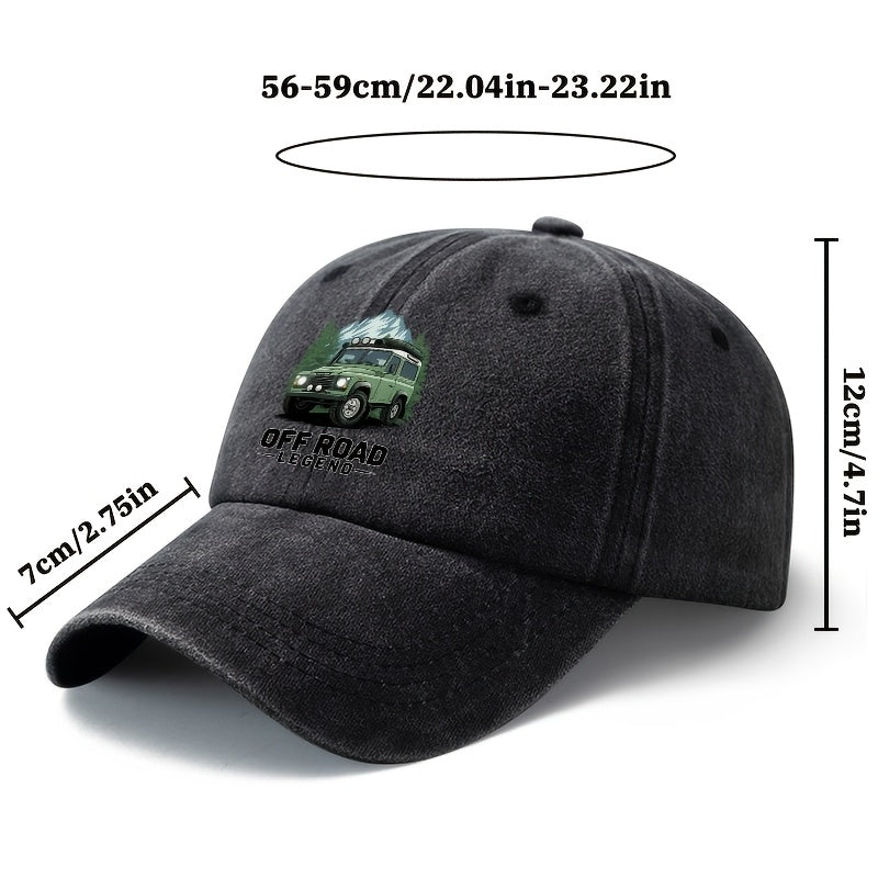 A Unisex Fashionable and Versatile Printed Off-road Vehicle Baseball Cap, Featuring a Classic Vintage Washed Outdoor Lightweight Curved Brim. This Trucker Baseball Cap Is Suitable for Casual Occasions Such as Outdoor Vacations, Travel, and Camping.
