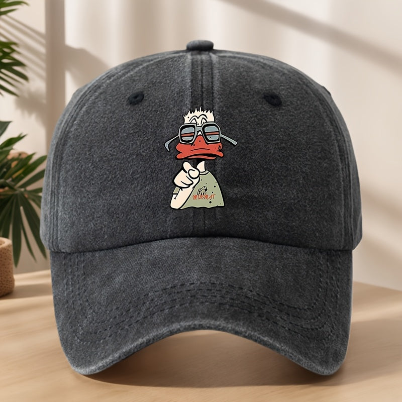 Cartoon Duck Print Baseball Cap Classic Washed Distressed Vintage Duckbill Hat Soft Comfortable Sweat-Absorbing Breathable Hat Outdoor Leisure Sports Hiking Camping Fishing Hat Individual Street Hip-Hop Hat