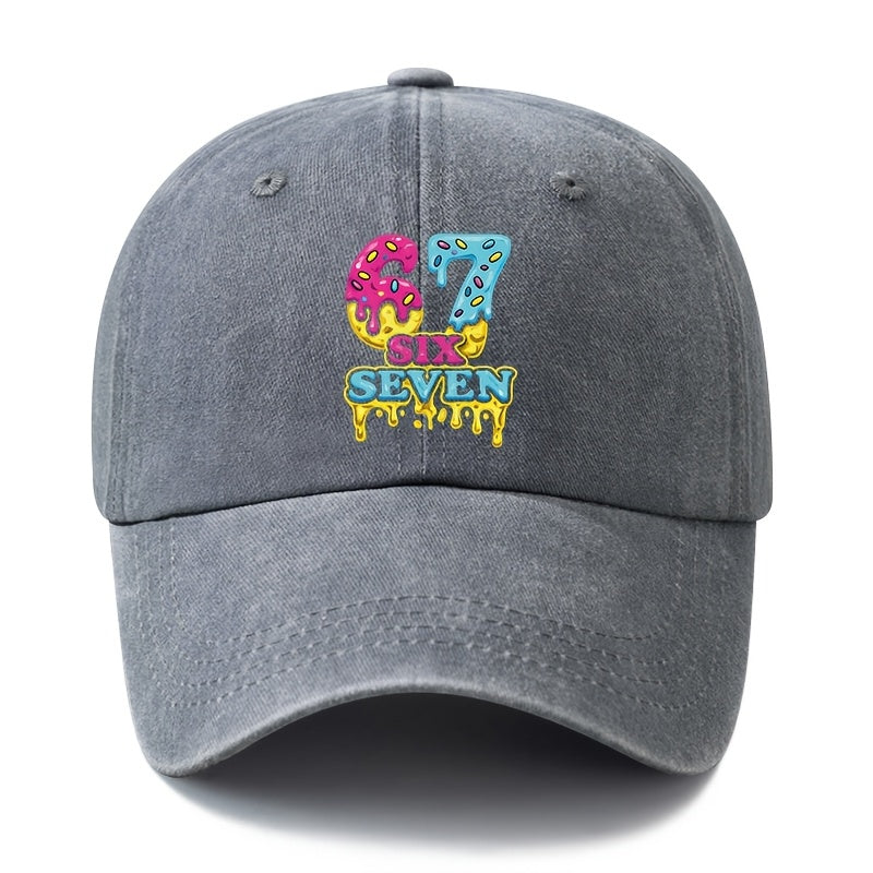Unisex, Fashionable And Versatile Printed Cream Donut 67 SIX SEVEN Baseball Cap, Classic Retro Washed Outdoor Lightweight Curved Brim Cap, Suitable for Outdoor Vacations, Travel, Camping, And Other Casual Occasions, Hip-Hop Cap for Holiday Parties
