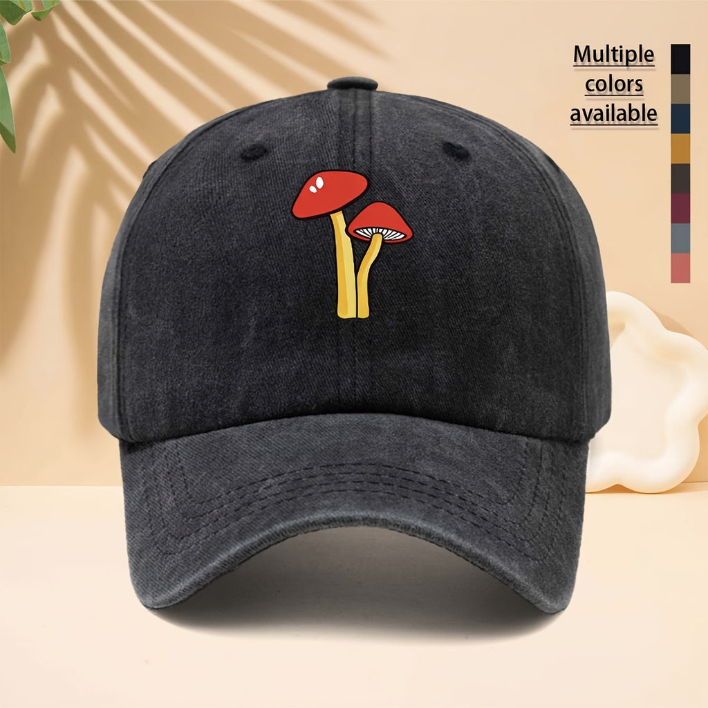 Baseball Cap with Red And White Cartoon Mushroom Print, American Forest Style Healing High Street Style Duckbill Cap Adjustable Size Unisex Casual Hat Versatile Neutral Style All-Season Curved Brim Hat for Walking, Gatherings, Shopping, Dates