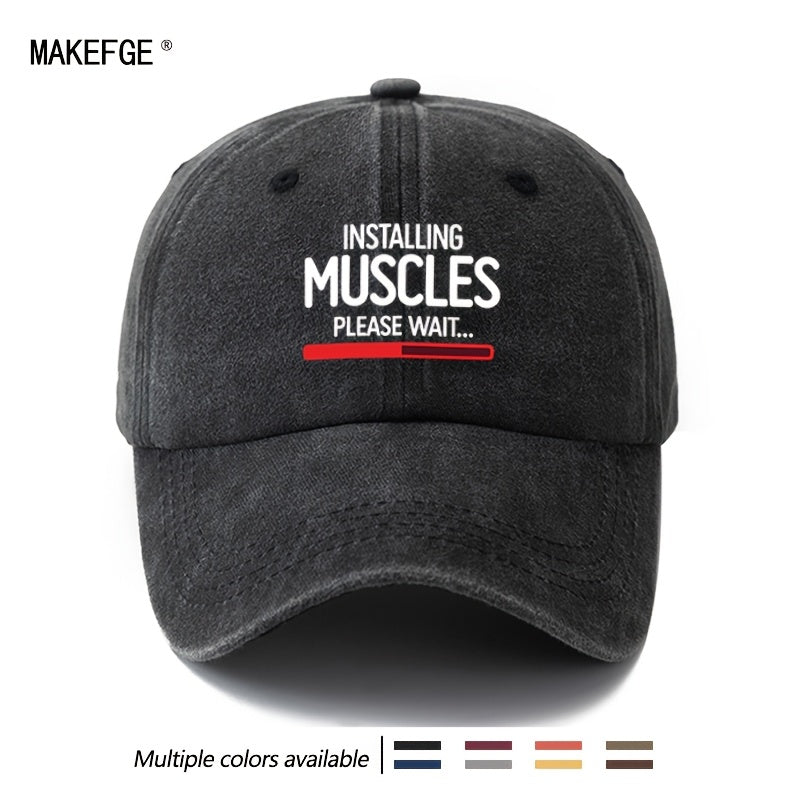 A Unisex Fashionable and Versatile Printed "MUSCLES" Baseball Cap, Featuring a Classic Vintage Washed Outdoor Lightweight Curved Brim. This Trucker Baseball Cap Is Suitable for Casual Occasions Such as Outdoor Vacations, Travel, and Camping. It Also