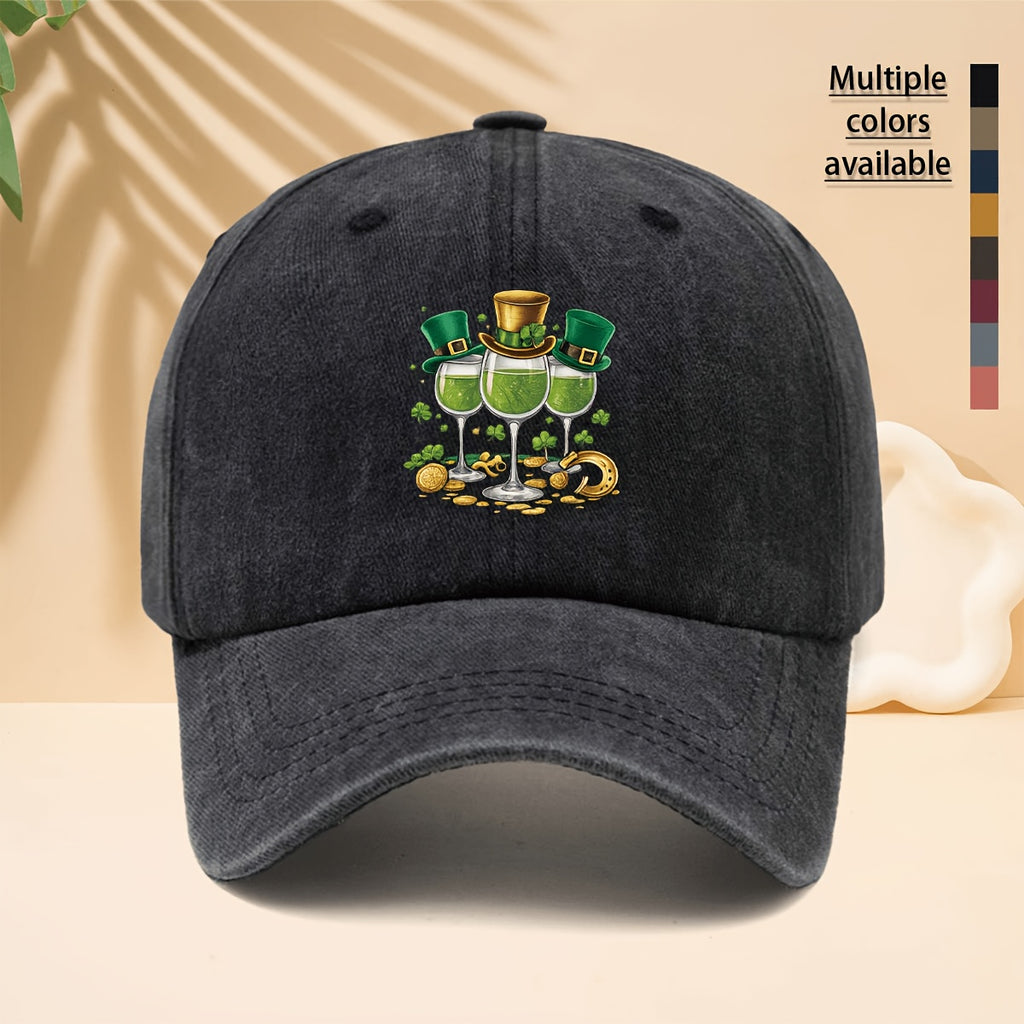 Baseball Cap with a Vintage Carnival Design Featuring a Pattern of 3 Hooded Goblets Containing Green Liquid. Adjustable Curved Brim Snapback Hat Suitable for Walking, Shopping, Traveling, Gatherings, Vacations, and Parties. One-size-fits-all Unisex