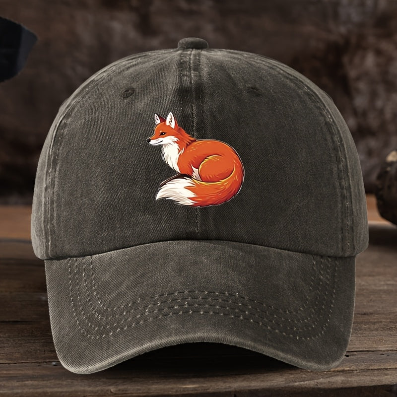 Fun Fox Print Baseball Cap Classic Washed Distressed Retro Curved Brim Hat Outdoor Casual Sports Running Hiking Camping Fishing Hat Soft Comfortable Dad Hat Individual Street Rock Hip-Hop Hat