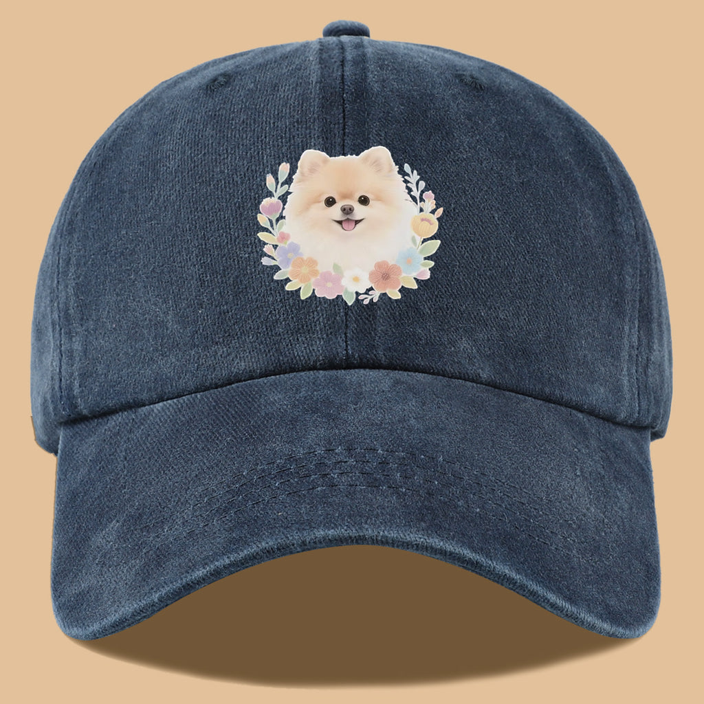 1pc Cute Pomeranian Dog Floral Surround Print Baseball Cap, Adorable Cartoon Breathable Sun Hat, Fashionable Fresh Aesthetic Unisex Cap, Adjustable Size Casual Streetwear, Campus Student Hat, Suitable for Daily Commuting, Park Outings