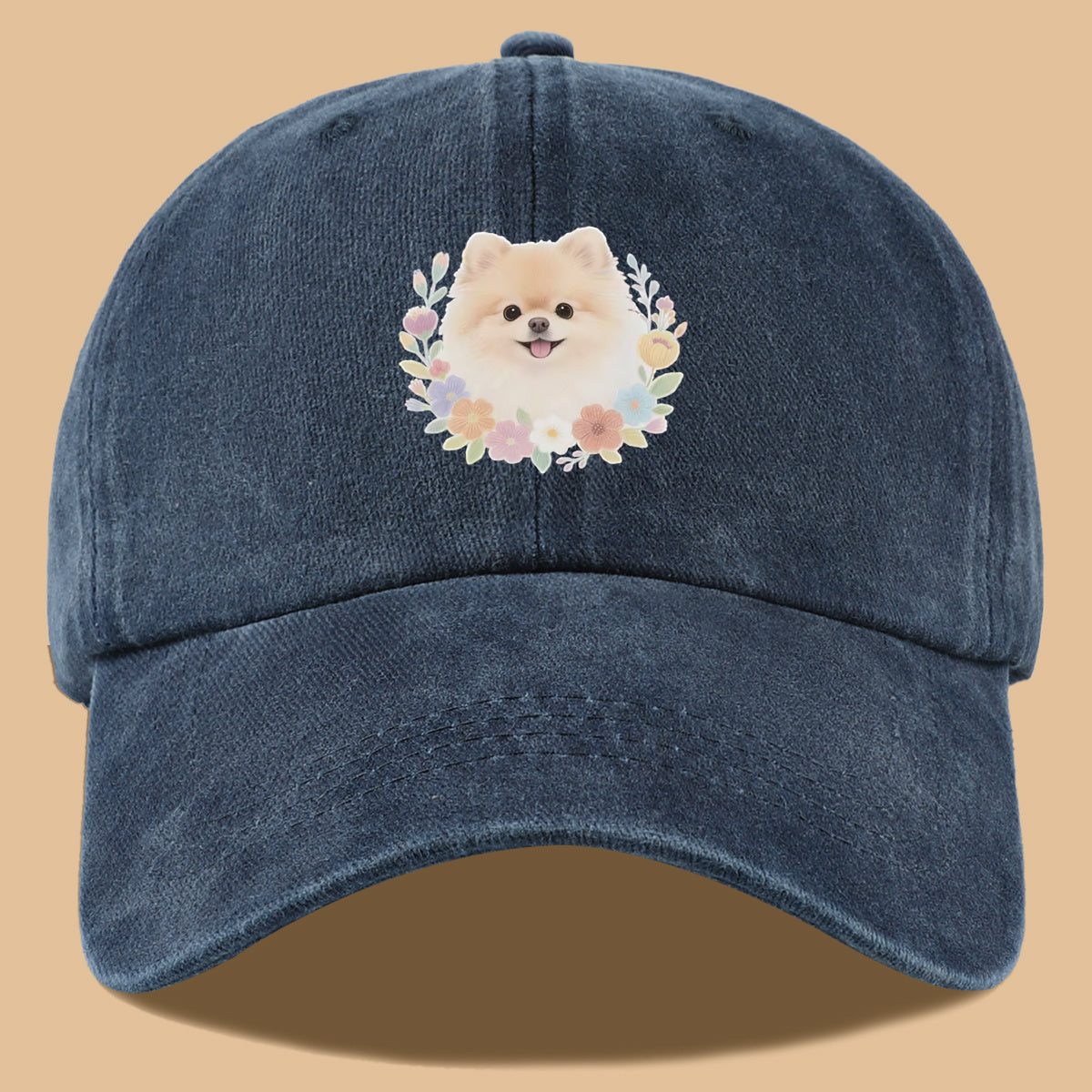 1pc Cute Pomeranian Dog Floral Surround Print Baseball Cap, Adorable Cartoon Breathable Sun Hat, Fashionable Fresh Aesthetic Unisex Cap, Adjustable Size Casual Streetwear, Campus Student Hat, Suitable for Daily Commuting, Park Outings