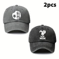 Parents' 2pcs Printed Football Heart-shaped Letter Vintage Soft-top Baseball Cap, Adjustable Style, Suitable for Daily Wear in All Seasons, an Essential Fashion Hat for Outdoor Sports, Fishing, and Camping