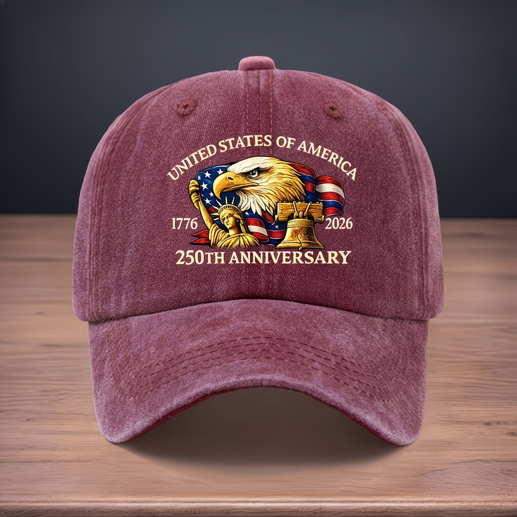 Printed to Commemorate the 250th Anniversary of the Founding of the United States 1776-2026. Baseball Cap with Statue of Liberty and Eagle Design. Curved Brim Cap. Washed and Distressed Duckbill Cap. Versatile and Comfortable Hip-hop Hat