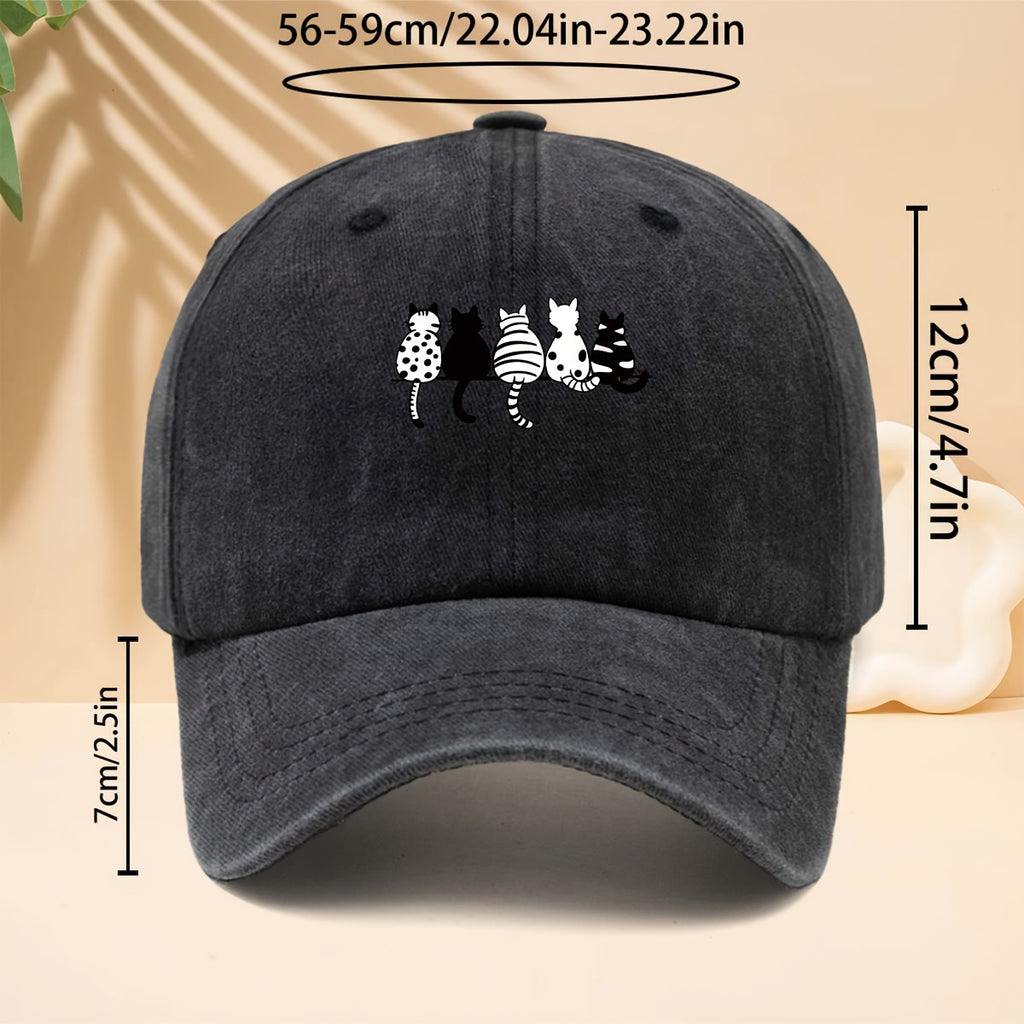 Baseball Cap with Black And White Cat Back Print, American Healing Soft Cute Cat Fun Casual Style Curved Brim Hat for Walking, Gatherings, Dates, Shopping, Vacation, Travel