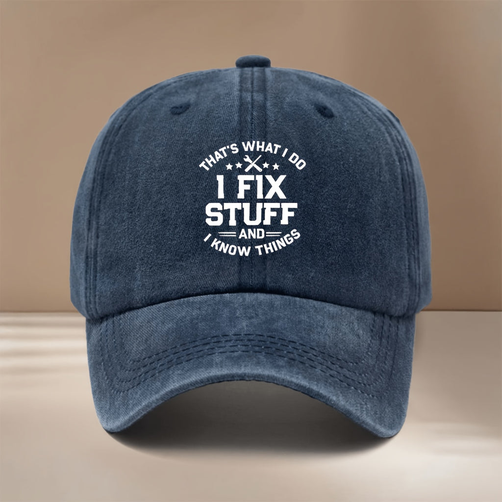 Baseball Cap with "I FIX STUFF" Text Graphic, Adjustable Size, Comfortable Hip-hop Hat, Unisex Duckbill Cap for Vacation, Travel, Gatherings, and Camping. Lightweight and Simple Curved Brim Hat with a Curved Brim That Makes the Face Appear Smaller.
