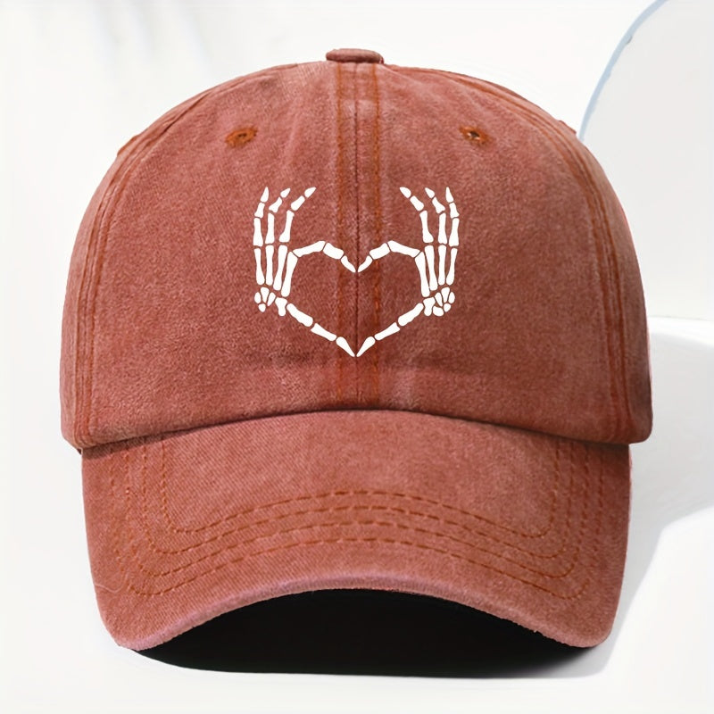 Men' & Women' Vintage Washed Baseball Cap with Heart & Skull Print - Adjustable Trucker Hat Suitable for All Seasons, Outdoor, Casual Wear, Retro Washed Style, Unisex for Daily Use, Driving,, and Everyday Fashion