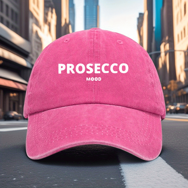 Adjustable Vintage Washed Baseball Cap with Prosecco Mood Print | Breathable Dad Hat for Men & Women, Casual Vacation Headwear, Comfortable Fit Cap | Polyester, Woven, Hand Wash Care