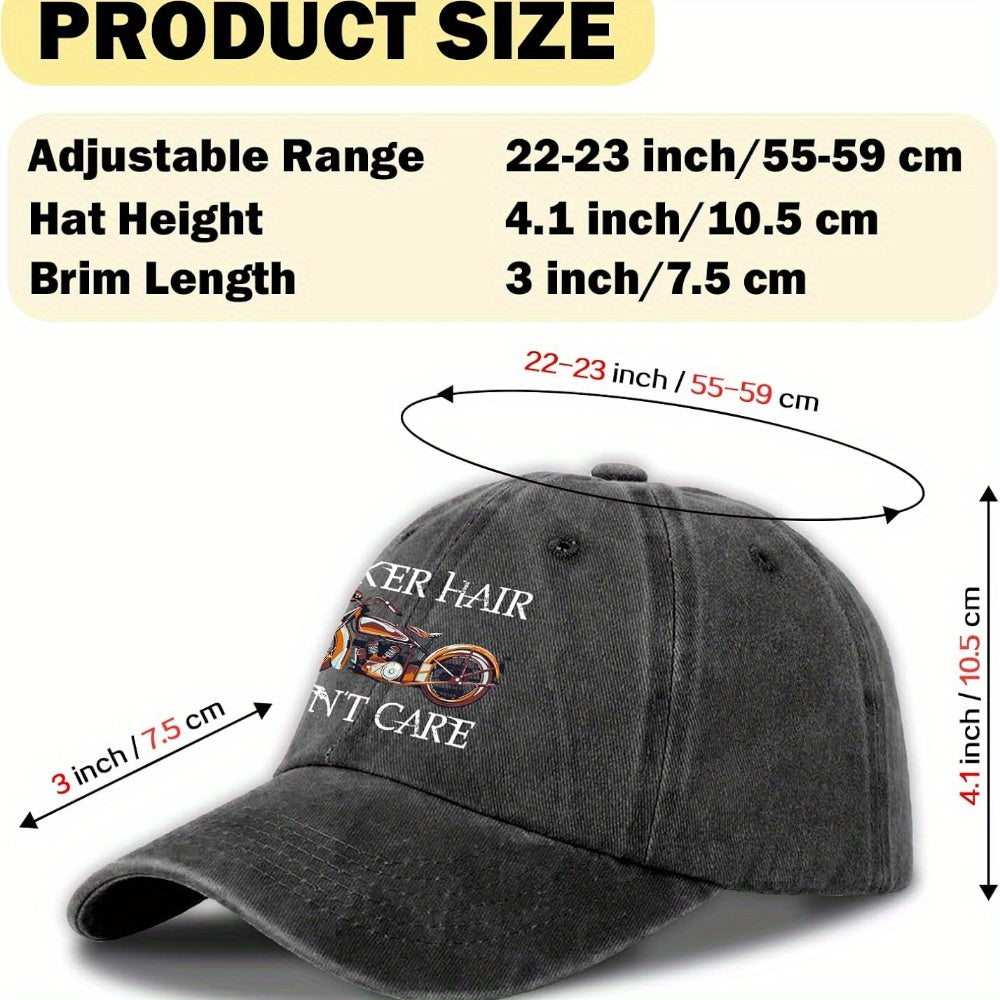 Unisex Baseball Cap, Fun Motorcycle Distressed Washed Black Baseball Cap with "Bikers Don'T Care" Print, Adjustable Baseball Cap, Fashionable Birthday Gift for Men And Women, for Parents, Friends, Cyclists, And Loved Ones