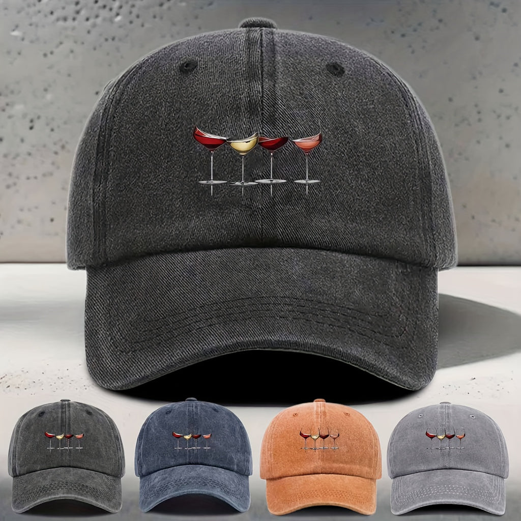 Men's & Women's Adjustable Snapback Baseball Cap with Wine-Themed Print - Washed Curved Brim Hat Suitable for Wine Tasting, Parties, Travel - Lightweight Textured Unisex Cap for Outdoor, Daily Wear, Wine Culture Enthusiasts