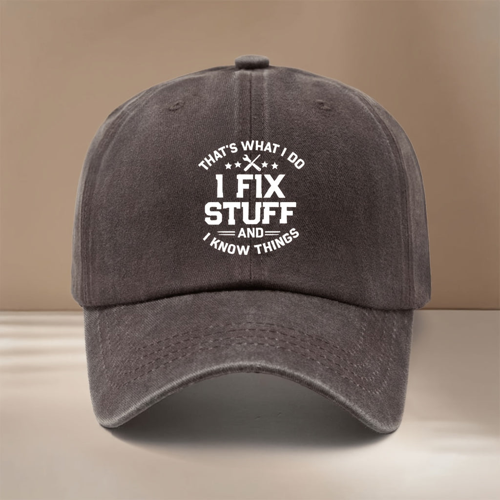 Baseball Cap with "I FIX STUFF" Text Graphic, Adjustable Size, Comfortable Hip-hop Hat, Unisex Duckbill Cap for Vacation, Travel, Gatherings, and Camping. Lightweight and Simple Curved Brim Hat with a Curved Brim That Makes the Face Appear Smaller.