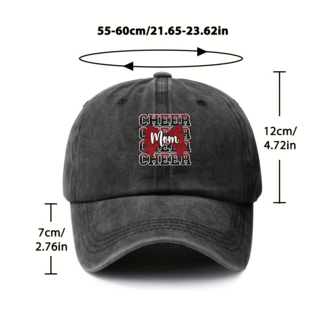 Cheer Mom Bow Squad Text American Retro Washed Distressed Printed Baseball Cap for Men and Women, Suitable for Spring and Autumn, Outdoor Sun Hat,  Trendy Hip-hop Duckbill Cap
