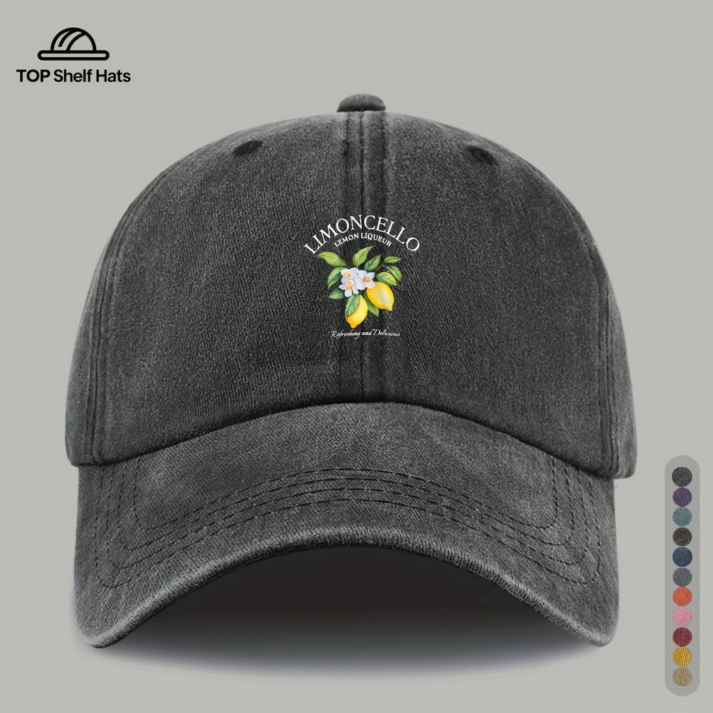 70G Lightweight And Breathable 1pc "Limon Cello" English Print Baseball Cap with Refreshing Lemon Pattern Print, Breathable And Comfortable, Stylish And Beautiful, Black Papa Dad Hat, Adjustable Size, Unisex, Retro Trucker Hat
