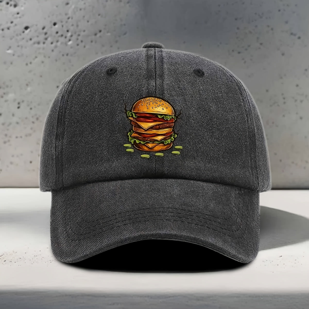 Men's & Women's Baseball Cap with Burger Print - Adjustable Snapback Curved Brim Hat, Washed Suitable for Daily Outings, Casual Wear,, Hip-Hop Style - Unisex Washed Cap for All Head Sizes, Comfortable for Hamburger