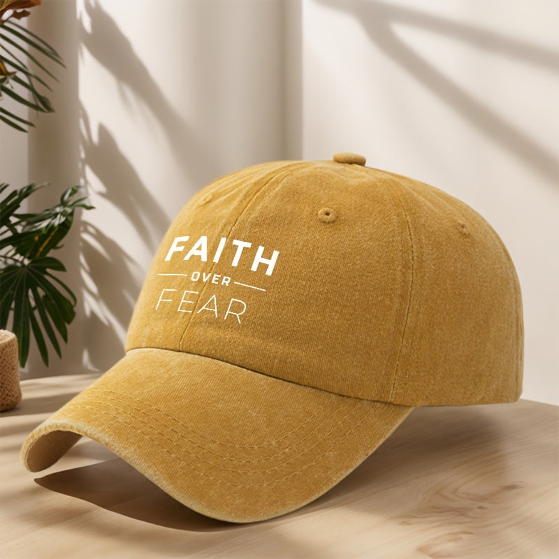 FAITH OVER FEAR字母印画棒球帽经典水洗复古做旧鸭舌帽户外休闲运动逛街度假旅行遮阳帽子轻便柔软舒适吸汗透气帽子个性街头嘻哈帽
