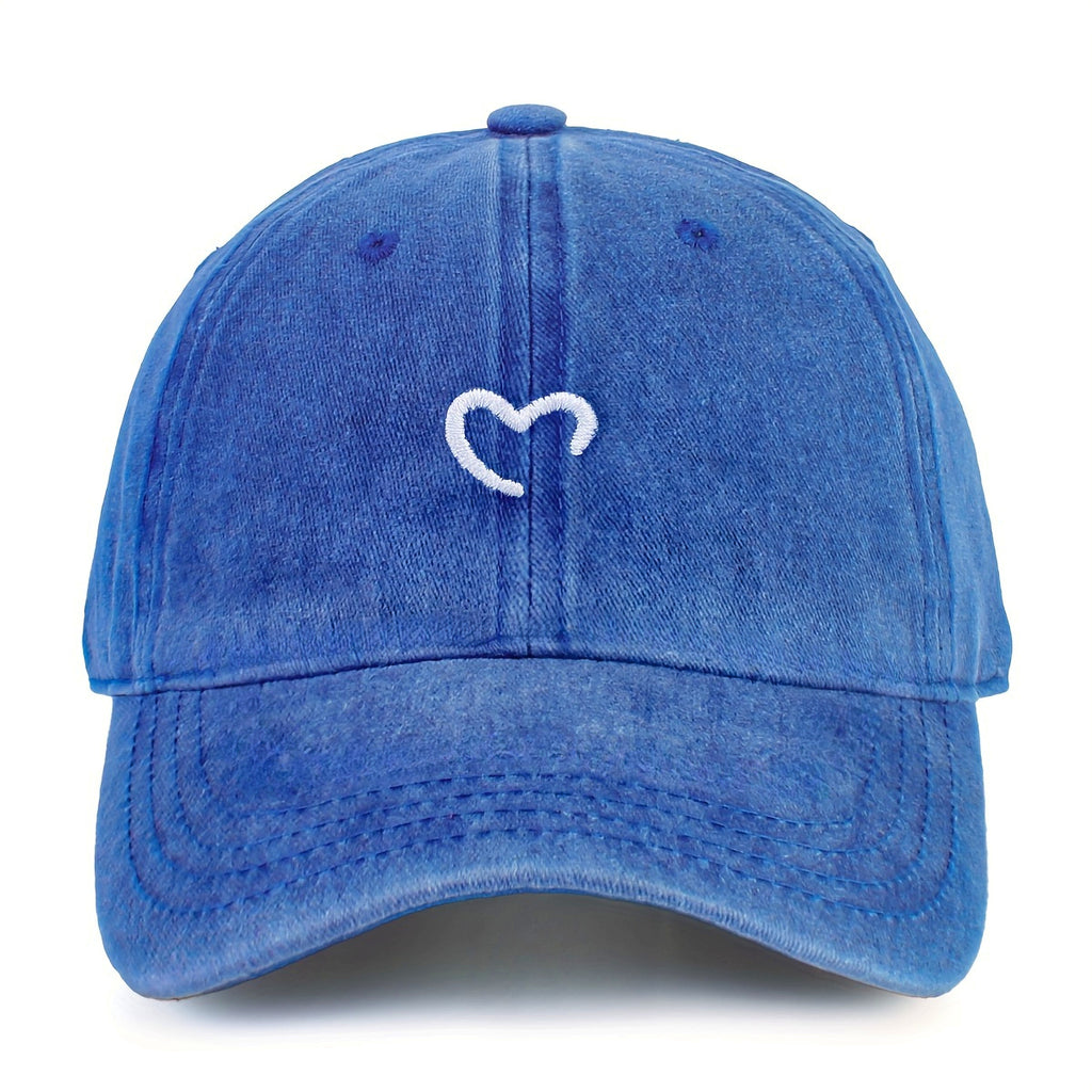 Women'S Heart-Shaped Embroidered Vintage Washed Baseball Cap, Adjustable Size, Suitable for Urban Vacation Wear