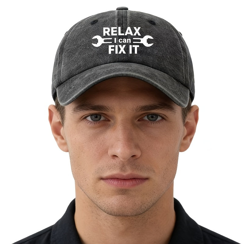 A Unisex Fashionable and Versatile Printed RELAX FIX IT Baseball Cap, Featuring a Classic Vintage Washed Lightweight Curved Brim. This Trucker Baseball Cap Is Suitable for Casual Occasions Such as Outdoor Vacations, Travel, and Camping. It Also Works