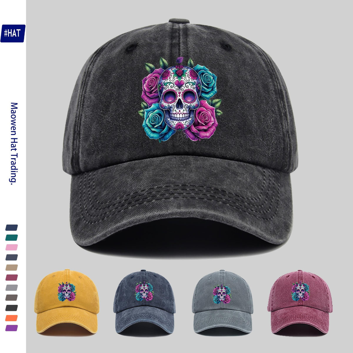 1pc Washed Baseball Cap, Festive Skull And Rose Pattern with Heat Transfer Design, New Halloween-Themed Autumn/Winter Distressed Baseball Cap, Unisex, Adjustable, Lightweight Outdoor Hat