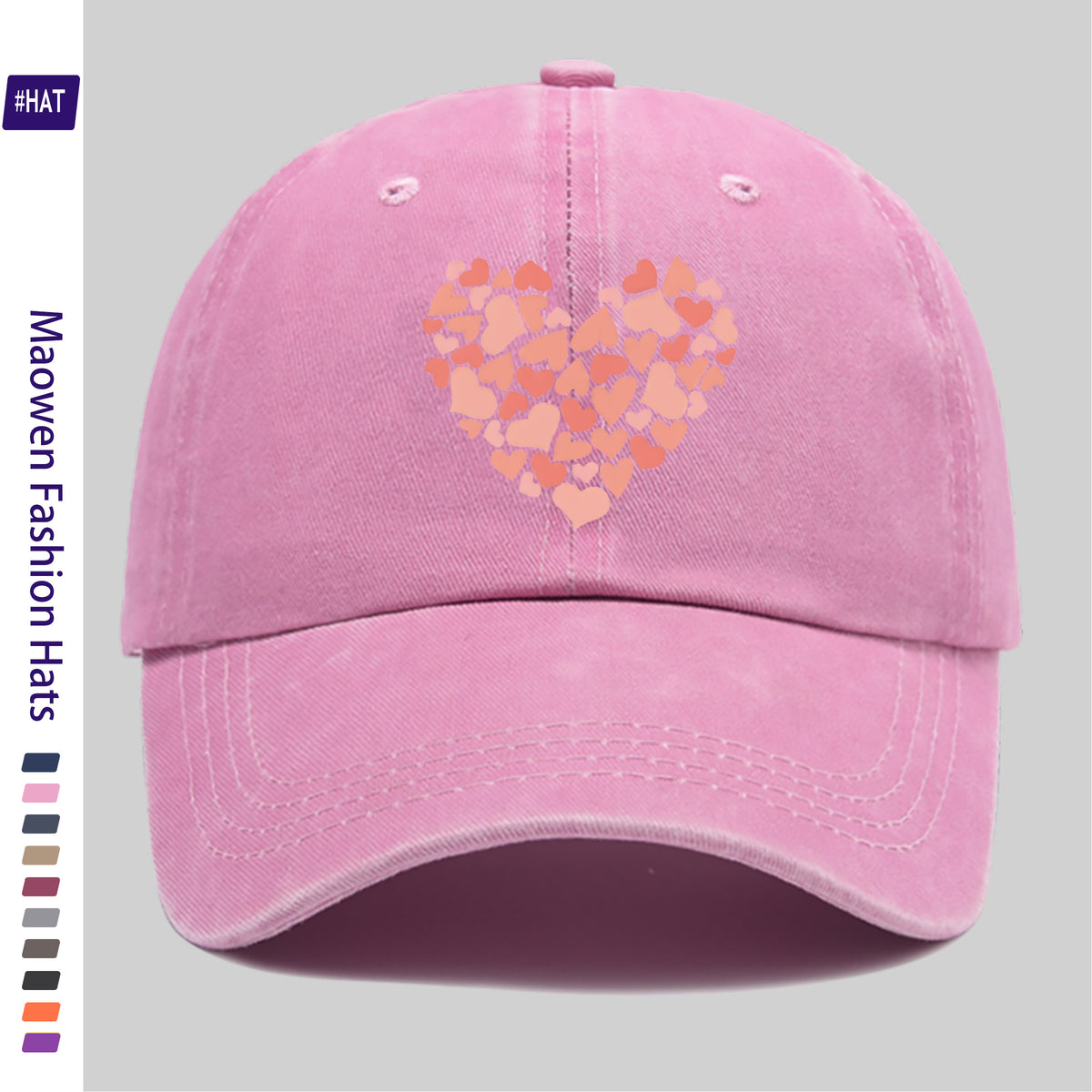 Summer Unisex Adjustable Baseball Cap, Washed Distressed Design, Large Heart Print with Small Heart Details, Washed Vintage Cap, Street Skateboard Cap, Retro Dad Hat, Durable, Comfortable, Breathable Trucker Cap