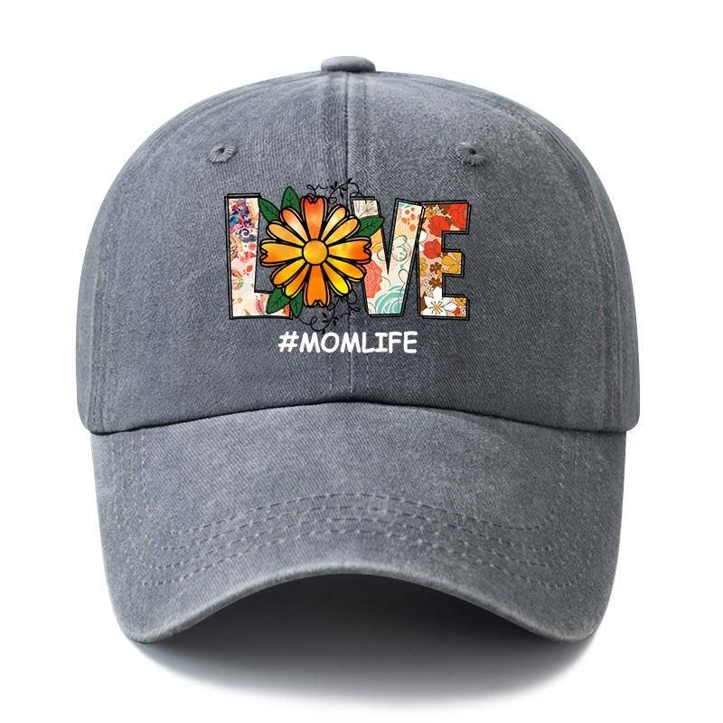 Unisex Fashion Versatile Floral Daisy LOVE Printed Baseball Cap, Classic Vintage Washed Outdoor Lightweight Curved Cap, Trucker Hat, Suitable for Outdoor Vacation Travel Camping And Casual Occasions, Holiday Party Hip-Hop Hat