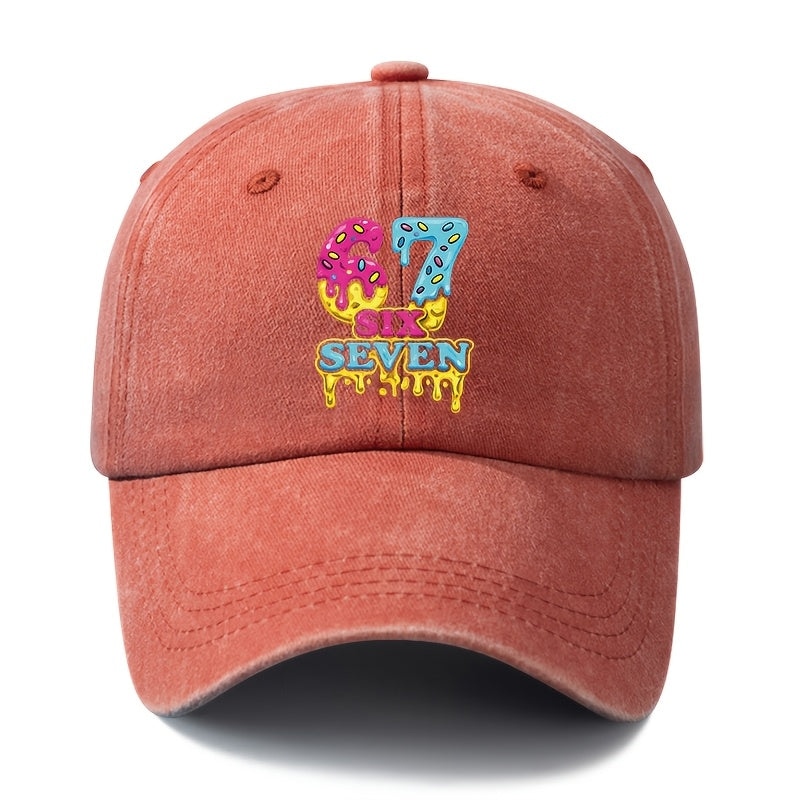 Unisex, Fashionable And Versatile Printed Cream Donut 67 SIX SEVEN Baseball Cap, Classic Retro Washed Outdoor Lightweight Curved Brim Cap, Suitable for Outdoor Vacations, Travel, Camping, And Other Casual Occasions, Hip-Hop Cap for Holiday Parties