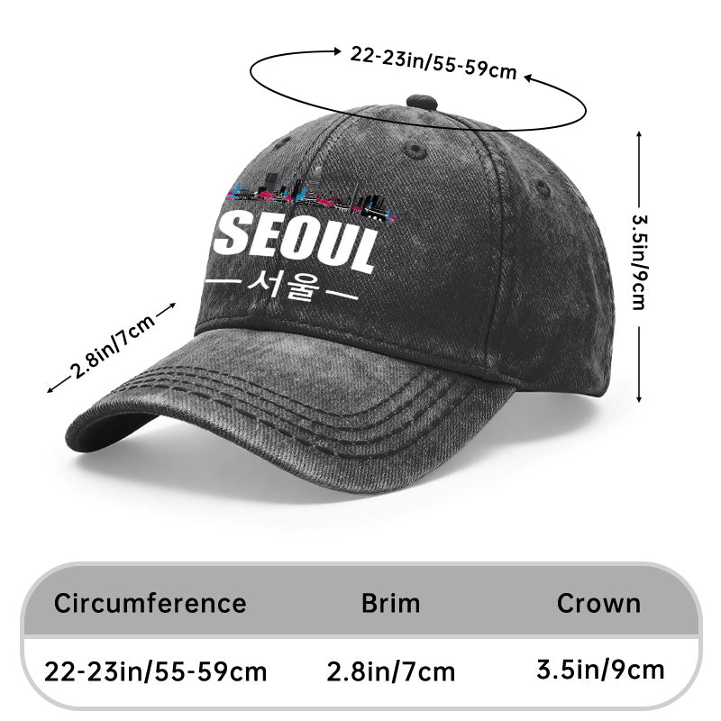 1pc Vintage Washed Unisex Baseball Caps, Seoul Skyline, Modern Cityscape Design Print Pattern, Adjustable, Suitable for Outdoor Activities and Casual Wear, Gifts for Men and Women, Friends.