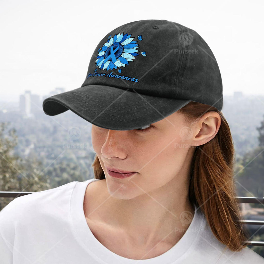 Cool Unisex Baseball Cap with a Blue Ribbon and Sunflower, Used for Colon Cancer Month Promotion