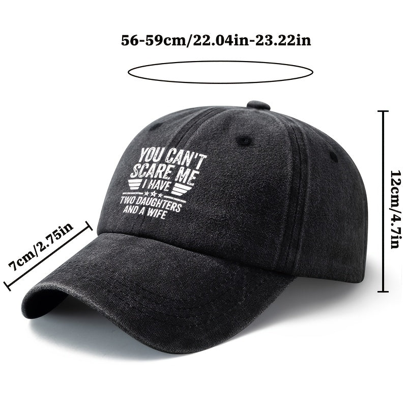 A Unisex, Stylish, and Versatile Printed "YOU CAN'T SCARE ME" Baseball Cap. This Classic Vintage-washed Outdoor Lightweight Curved-brim Hat Is Also Known as a Trucker Cap. Suitable for Casual Occasions Like Outdoor Vacations, Travel, and Camping