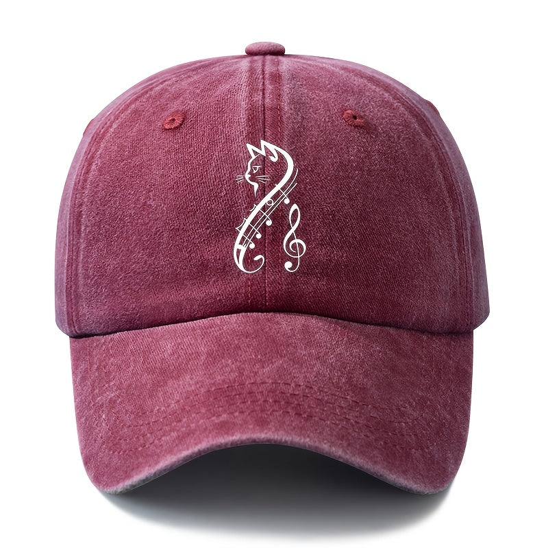A Unisex Fashionable and Versatile Printed Cat and Musical Note Baseball Cap, Featuring a Classic Vintage Washed Lightweight Outdoor Curved Brim. This Trucker Baseball Cap Is Suitable for Casual Occasions Such as Outdoor Vacations