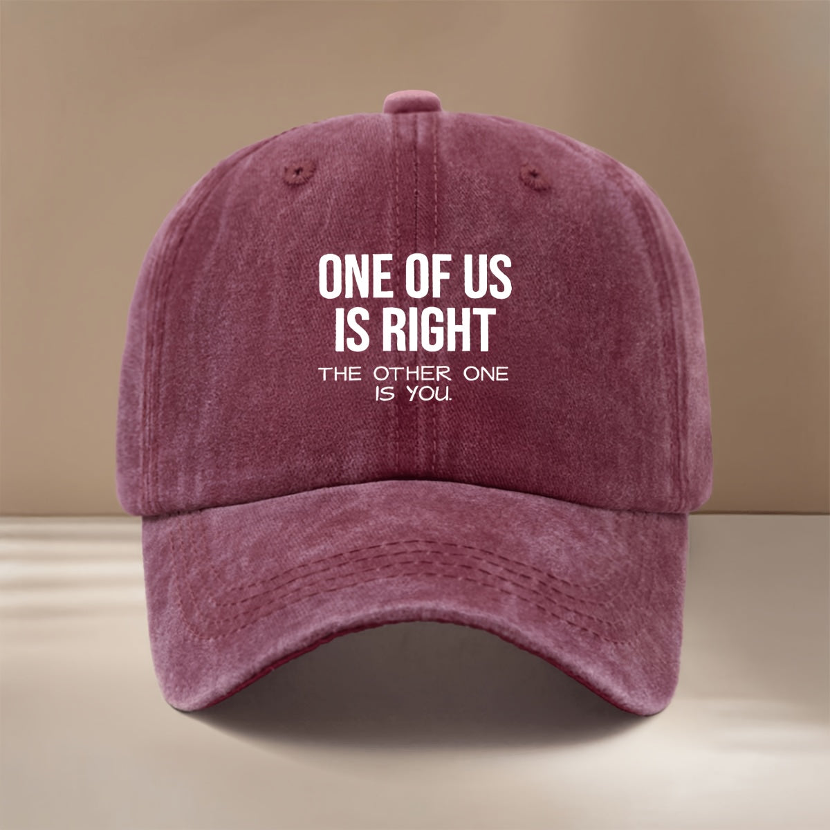 Baseball Cap with "ONE OF US IS RIGHT, THE OTHER ONE IS YOU" Text Graphic. Four-season Universal Comfortable Hip-hop Hat, Unisex Six-panel Cap. Lightweight and  Snapback Cap for Vacations, Travel, Dinners, and Camping. Features a Curved Brim That
