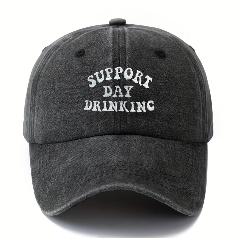 "SUPPORT DAY DRINKING" Baseball Cap - Curved Brim Trucker Hat Suitable for Outdoor Vacations, Camping, Casual Wear, Hand Washable Textile Cap with Phrase, for Day Drinking Events & Everyday Use