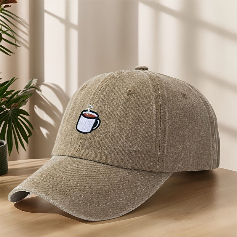 High-Quality Baseball Cap with Coffee Cup Embroidery, Lightweight, Soft, Comfortable, Sweat-Absorbing, Breathable, Classic Washed Vintage Hat for Outdoor Leisure, Sports, Shopping, Vacation, Camping, Sun Protection