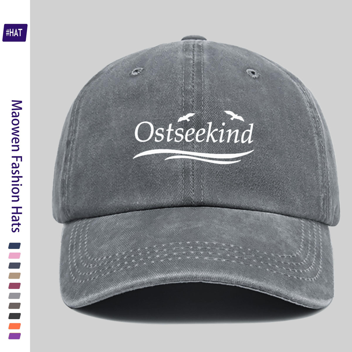 1pc Vintage Washed Duckbill Trucker Hat with Ostseekind & Seagull Logo Print, Adjustable Snapback Cap Suitable for Outdoor Fishing, Hunting, Vacations, Unisex for Men & Women, Machine Washable, Retro Logo