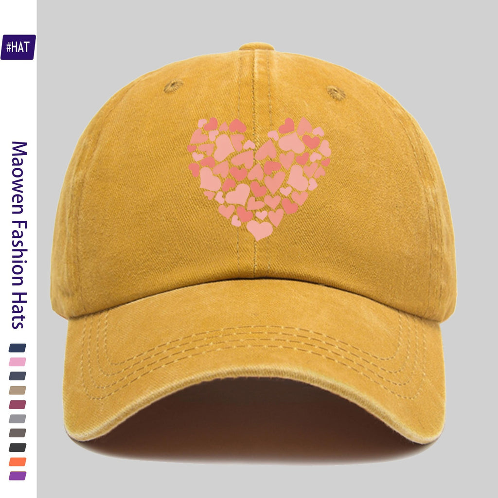 Summer Unisex Adjustable Baseball Cap, Washed Distressed Design, Large Heart Print with Small Heart Details, Washed Vintage Cap, Street Skateboard Cap, Retro Dad Hat, Durable, Comfortable, Breathable Trucker Cap