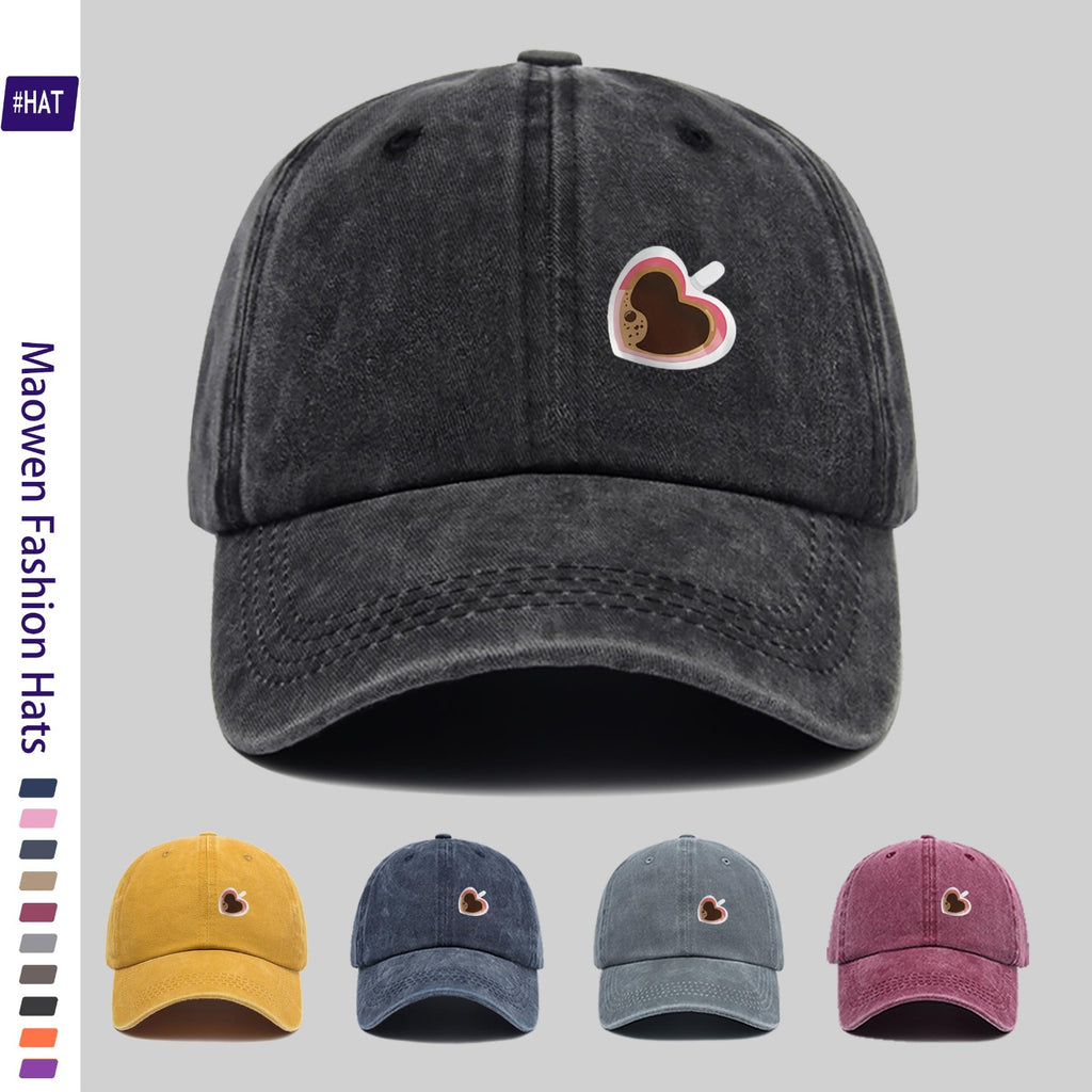Adjustable Unisex Summer Baseball Cap with Washed Vintage Brim And Distressed Design, Featuring a Distinctive Heart-Shaped Coffee Cup Print, Embodiment of Italian-Style Retro Aesthetics. This Street-Style Skateboard Retro Snapback Hat Is Durable