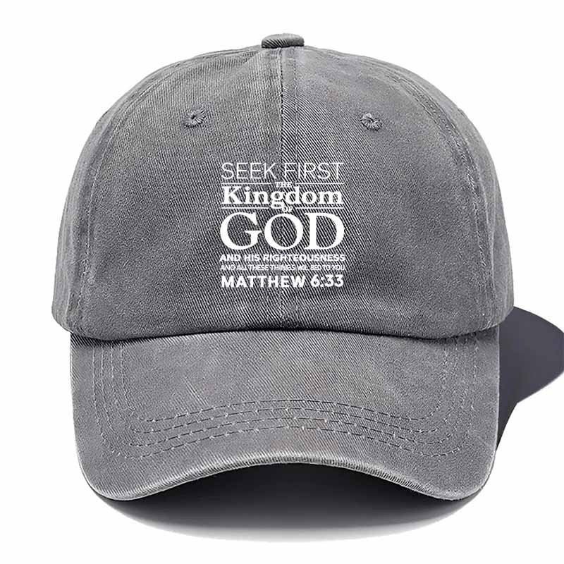 Verse Baseball Cap with Matthew 6:33 Scripture - Faith Hat for Church, Worship & Study, Inspirational Religious Gift For, Soft Comfortable Textile Cap (Black/Dark Grey/Navy/Tan/Green)