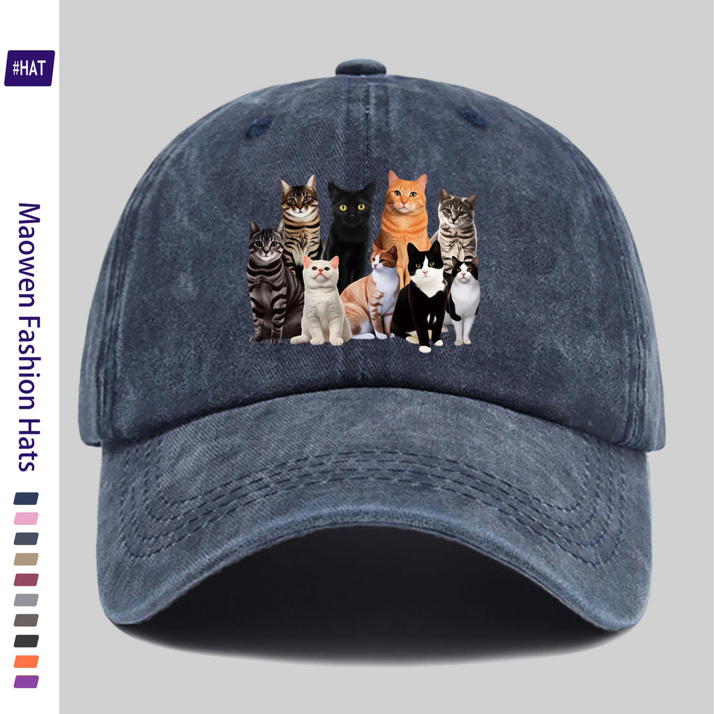 1 Vintage-style Adjustable Sports Cap, Featuring Various Cat Pattern Prints, a Washed-out Look, Suitable for Outdoor Leisure, a Fashionable Printed Breathable Baseball Cap, a Must-have Fashion Item, Ideal for Outdoor Sports and Travel Camping