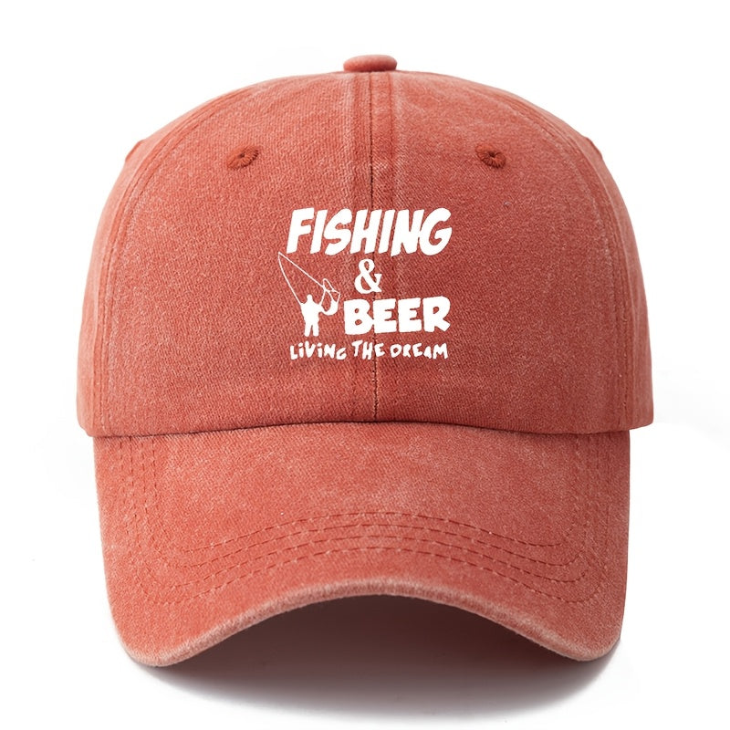 A Unisex Fashionable and Versatile Printed "FISHING&BEER" Baseball Cap, Featuring a Classic Vintage Washed Outdoor Lightweight Curved Brim Design. Suitable for Outdoor Vacations, Travel, Camping, and Other Casual Occasions. Ideal for Holiday Parties