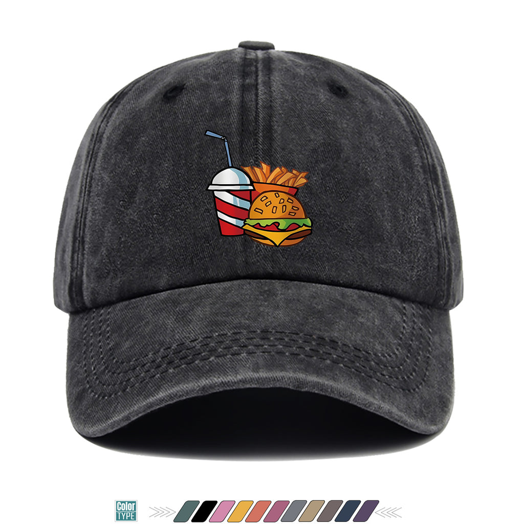 1pc Fast Food Theme Hamburger Fries Drink Print Baseball Cap, Fashion Trendy Sun Hat, Easy Personalized Design, Unisex Duckbill Cap, Adjustable Size, Street Style Hip-Hop Hat, Casual Sunshade Hat, Suitable for Shopping, Parties, Picnics, Travel