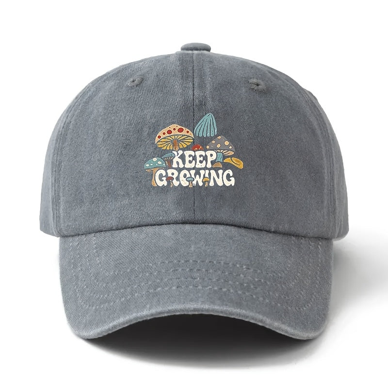 Baseball Cap with "KEEP GROWING" Text and Mushroom Pattern, Suitable for Vacations, Travel, Dinners, and Camping. Six-panel Design with Adjustable Size, Textured Hip-hop Style. Comfortable and Lightweight Curved-brim Cap, Unisex Snapback, Casual Hat