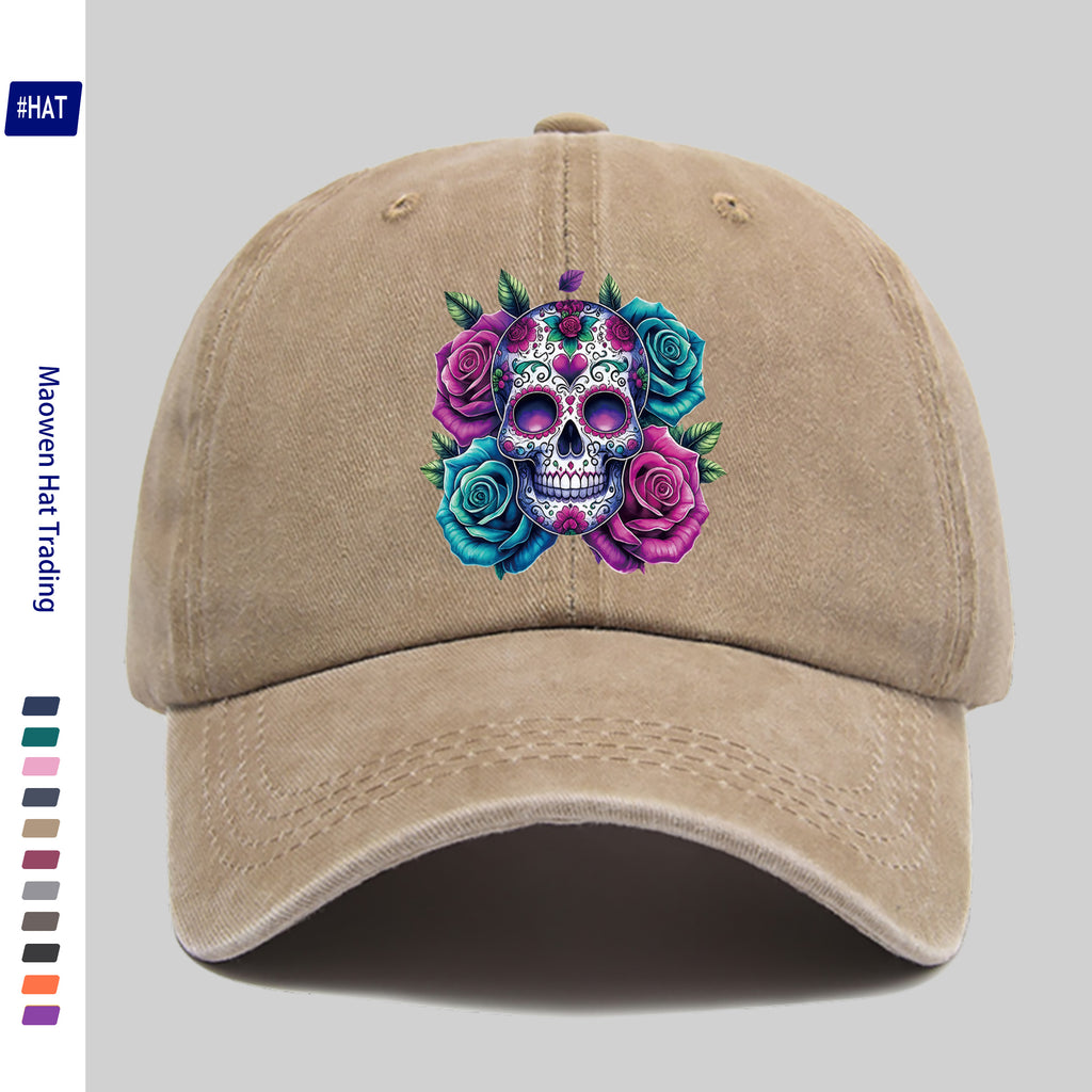 1pc Washed Baseball Cap, Festive Skull And Rose Pattern with Heat Transfer Design, New Halloween-Themed Autumn/Winter Distressed Baseball Cap, Unisex, Adjustable, Lightweight Outdoor Hat