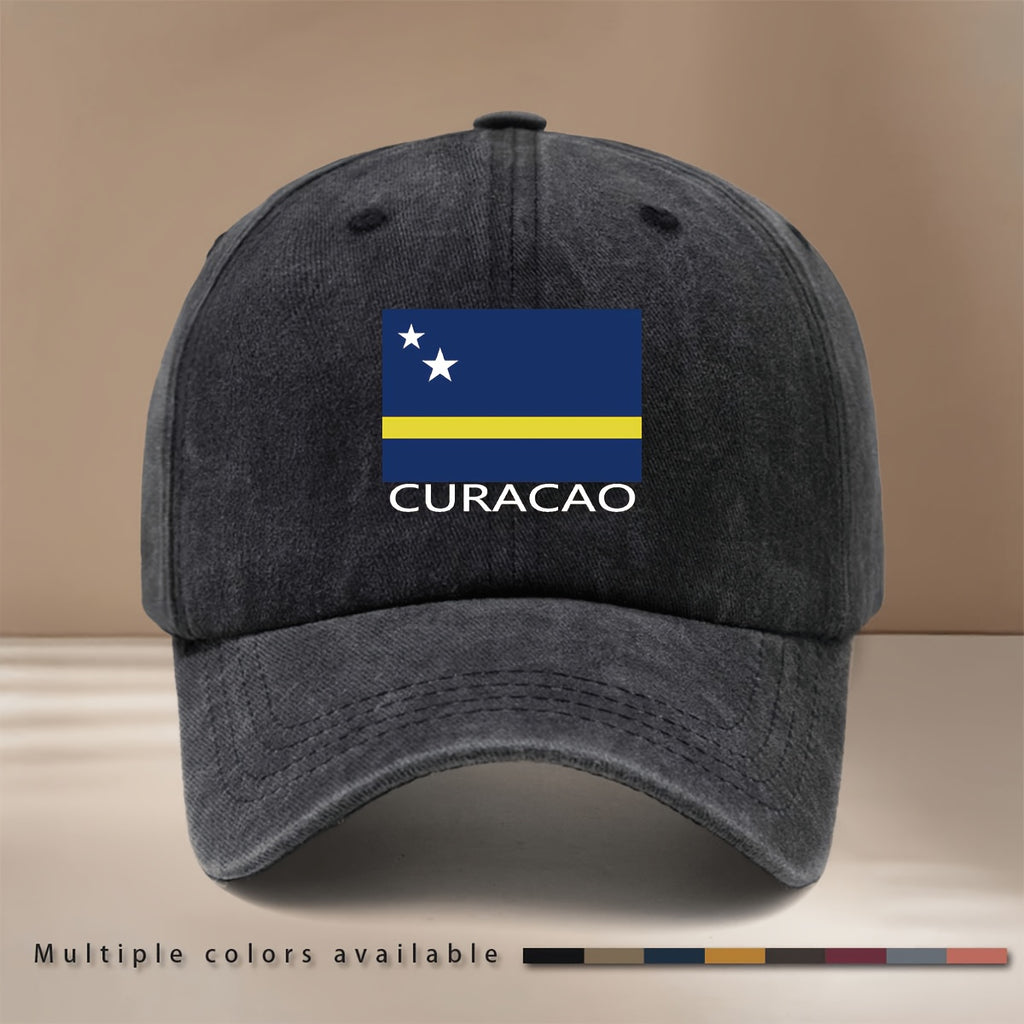 Baseball Cap with CURACAO Text and Flag Pattern, Featuring a Relaxed Fit and Curved Brim. This Trendy Textured Snapback Is a Comfortable, Lightweight, and Casual Unisex Six-panel Hat. It's Also a Hip-hop Style Adjustable Cap with a Simple