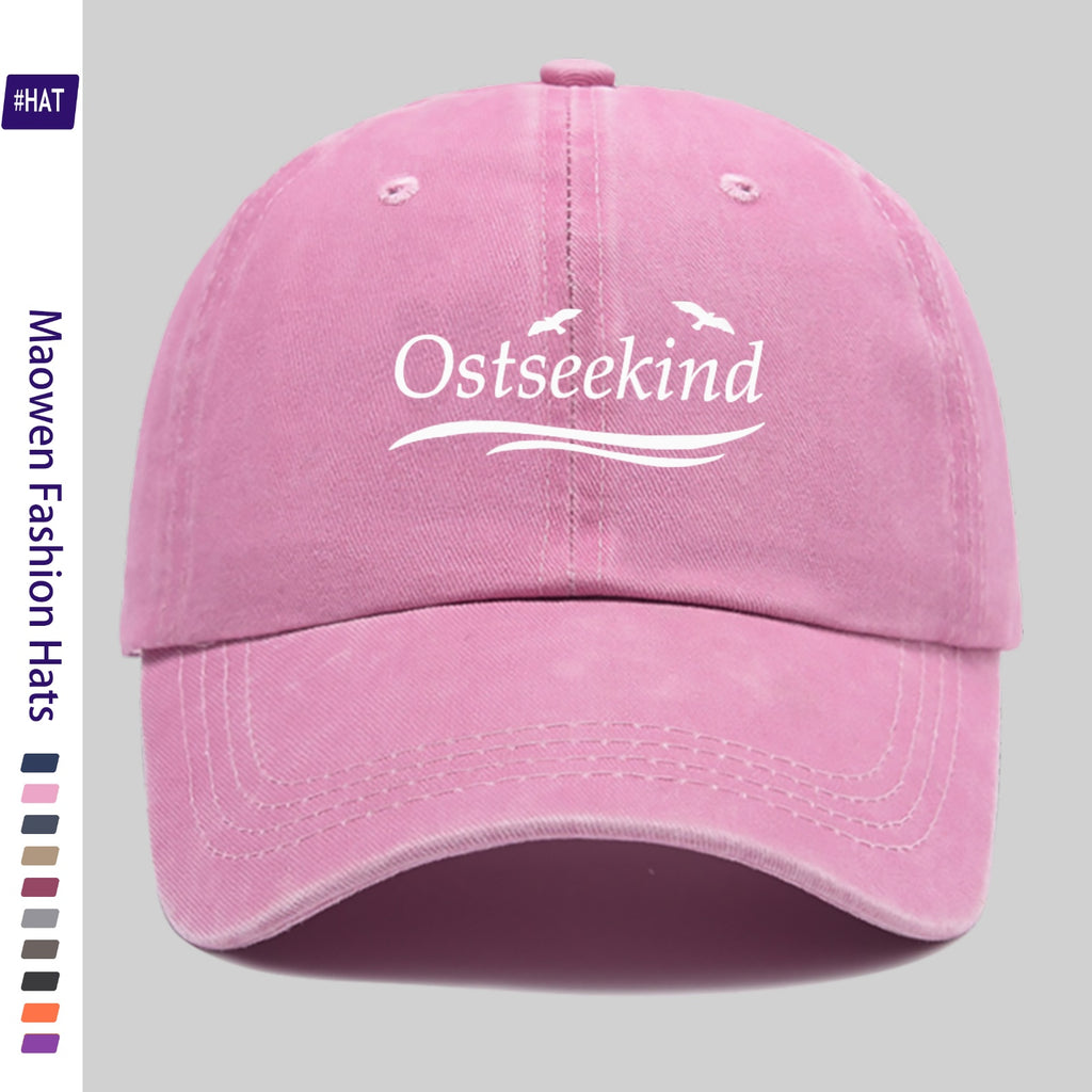 1pc Vintage Washed Duckbill Trucker Hat with Ostseekind & Seagull Logo Print, Adjustable Snapback Cap Suitable for Outdoor Fishing, Hunting, Vacations, Unisex for Men & Women, Machine Washable, Retro Logo